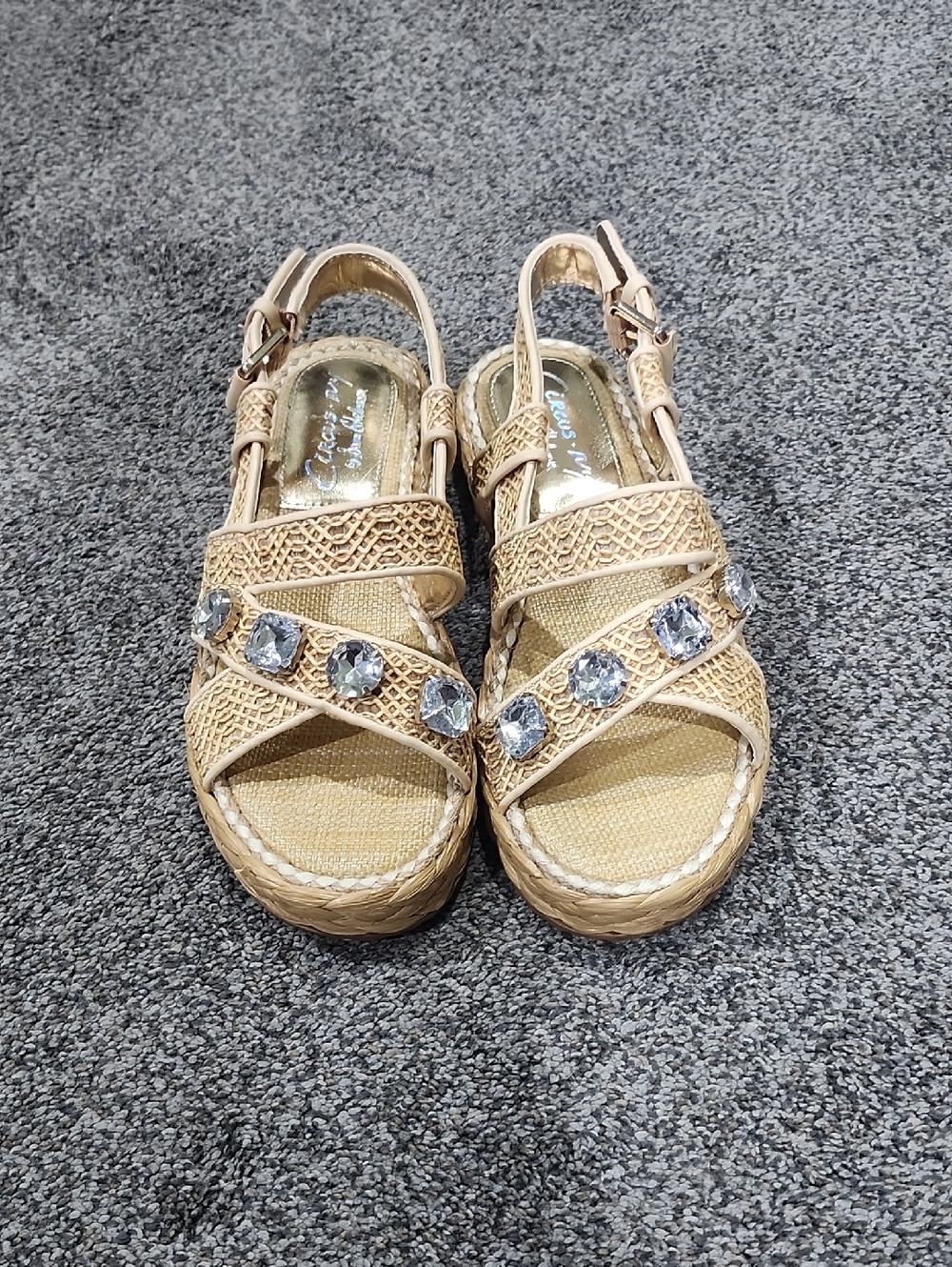 Beige Gemstone Espadrille Wedge Sandals - Women